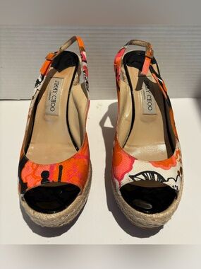 JIMMY CHOO SCARLET FLORAL CANVAS ESPADRILLE WEDGES Italy 9/9.5 US 39.5 EU